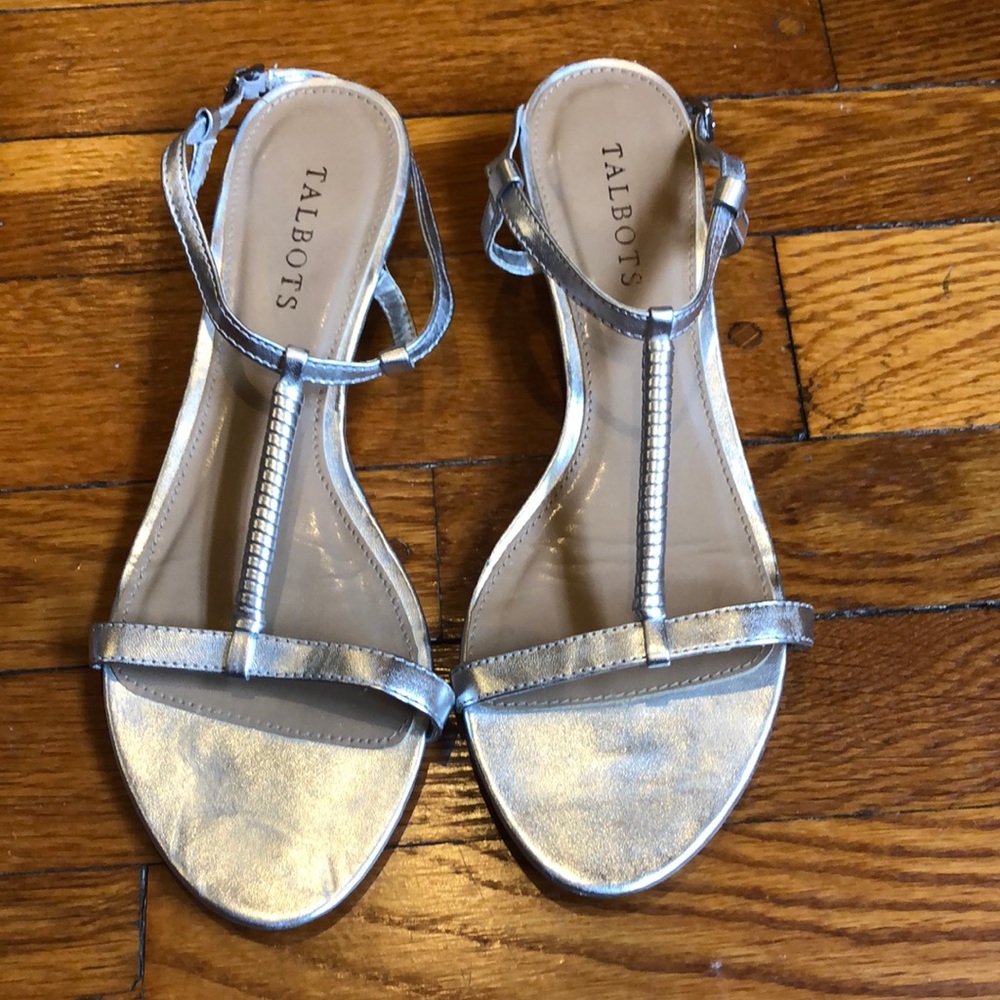 Talbots silver braided T strap wedge sandal